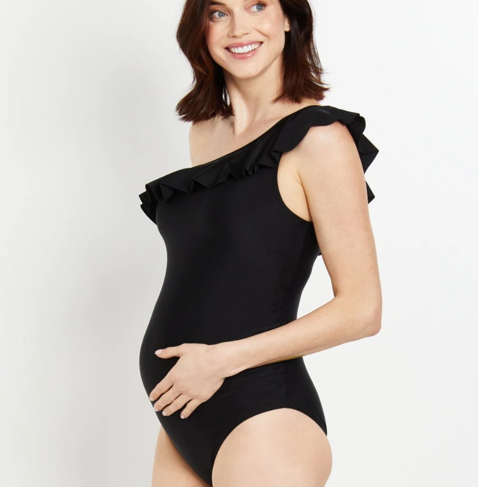 Motherhood Maternity | Black Ruffle One Shoulder Swimsuit